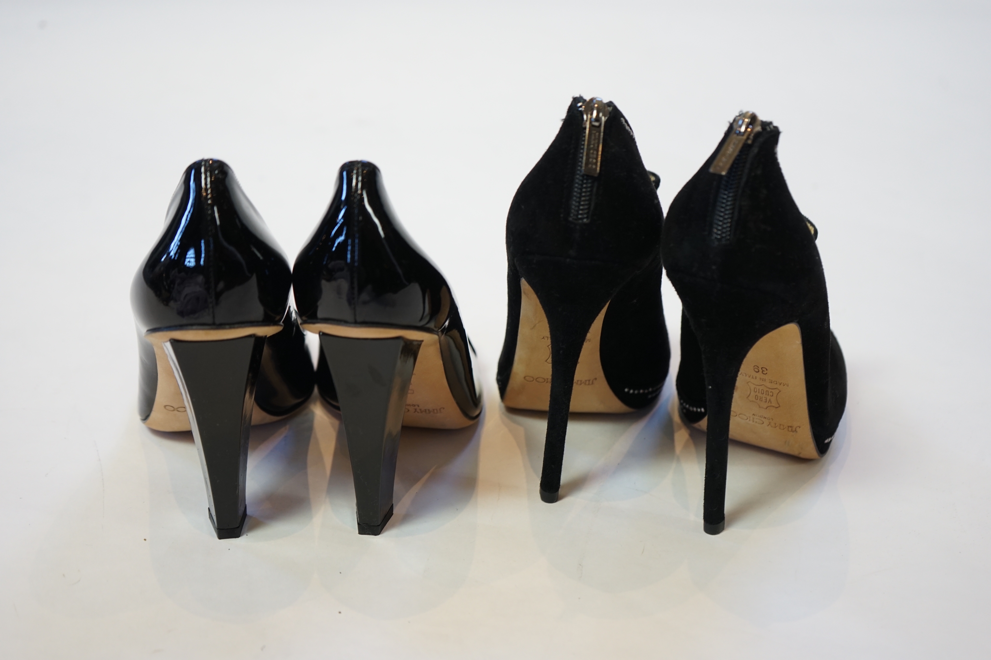 Two pairs of Jimmy Choo black lady's heeled open toe shoes, size EU 39